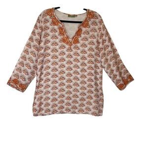 Rock Flower Paper Ivory and Deep Coral Embroidered Top Size L Bohemian